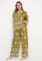 Zielono-Biały Bawełniany Komplet Koszula i Szerokie Spodnie w Stylu Boho Ollirive. Zielone koszule damskie Born2be, l, z aplikacjami, z bawełny. Za 64.99 zł.