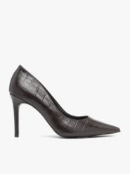 Ciemnobrązowe szpilki skóra krokodyla. Brązowe czółenka damskie Ryłko, bez wzorów, ze skóry, eleganckie, bez obcasa, na szpilce, bez zapięcia. Za 399.99 zł.