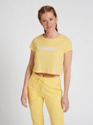 Damska koszulka crop top Hummel Legacy. Żółte t-shirty damskie Hummel, xs, bez wzorów, z bawełny, klasyczne, bez kołnierzyka. Za 80.85 zł.