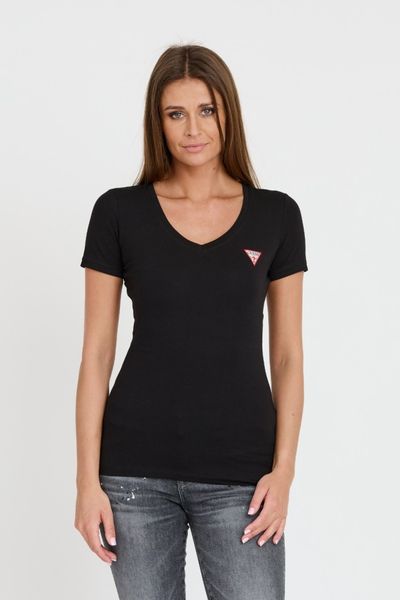 GUESS Czarny damski t-shirt Mini Triangle Tee, Rozmiar XS. Czarne t-shirty damskie Guess, s, z aplikacjami, bez kołnierzyka. W wyprzedaży za 69.99 zł.