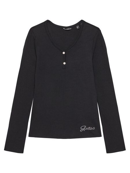 Guess Bluzka J5YP02 KBCO2 Czarny Regular Fit. Czarne bluzki dla dziewczynek Guess, z aplikacjami, z wiskozy, bez ramiączek. Za 119.99 zł.