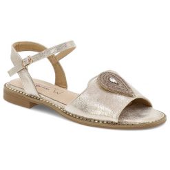 Sandały damskie S. Barski, ze sprzączką z eko skóry eleganckie na płaskim obcasie, złote, KV51-098. Żółte klapki damskie S.BARSKI, z aplikacjami, ze skóry, bez obcasa, na płaskiej podeszwie, bez zapięcia. Za 109.00 zł.