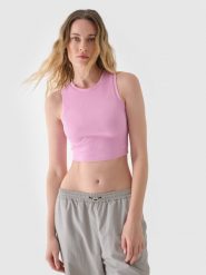 4F Crop top slim damski - pudrowy róż XL. Czerwone koszulki sportowe damskie 4f, xl, bez wzorów, z bawełny, bez kołnierzyka, bez ramiączek. W wyprzedaży za 29.99 zł.