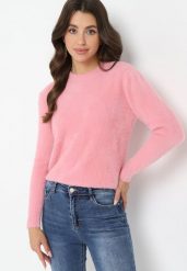 Różowy Puchaty Sweter Wełniany Helmintts. Czerwone swetry damskie Born2be, bez wzorów, z tkaniny, bez kołnierzyka, bez ramiączek, długie, bez kaptura. Za 69.99 zł.
