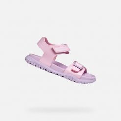 Sandały GEOX J SANDAL FUSBETTO GI Rose. Czerwone sandały damskie Geox, bez wzorów, z syntetyku, bez obcasa, bez zapięcia. Za 189.99 zł.