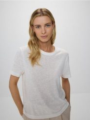T-shirt z wiskozą i lnem - złamana biel. T-shirty damskie Reserved, l, bez wzorów, z dzianiny, bez kołnierzyka. W wyprzedaży za 59.99 zł.