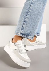 Biało-Szare Klasyczne Sneakersy Vices na Grubej Podeszwie Torira. Białe obuwie sportowe damskie Born2be, bez wzorów, z jeansu. Za 74.99 zł.