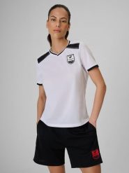 4F Koszulka piłkarska regular szybkoschnąca damska - biała L. Białe koszulki sportowe damskie 4f, l, bez wzorów, z materiału, bez kołnierzyka, bez ramiączek, na fitness i siłownię. Za 119.99 zł.