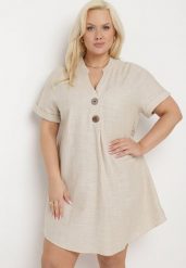 Beżowa Sukienka z Lnem Pudełkowa z Krótkim Rękawem i Guzikami Effienu. Brązowe sukienki damskie Born2be, na spotkanie biznesowe, xl, bez wzorów, z materiału, eleganckie, bez kołnierzyka, bez ramiączek, mini. Za 79.99 zł.