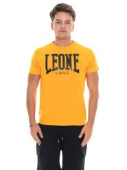 Męska koszulka z krótkim rękawem i dużym logo. Żółte koszulki sportowe męskie LEONE 1947 APPAREL, m, bez wzorów, bez kołnierzyka, bez ramiączek, na fitness i siłownię. Za 176.82 zł.