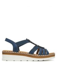 Rieker Sandały V1206-14 Granatowy. Niebieskie klapki damskie Rieker, bez wzorów, z materiału, bez obcasa, na koturnie, bez zapięcia. Za 239.99 zł.