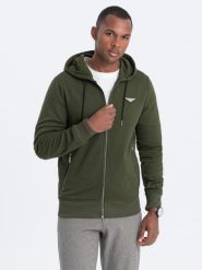Bluza męska rozpinana z kapturem - oliwkowa V1. Zielone bluzy męskie Ombre Clothing, m, bez wzorów, z bawełny, z kapturem. W wyprzedaży za 69.99 zł.