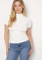 Biały Dopasowany T-shirt z Wiskozy z Golfem Isovera. Białe t-shirty damskie Born2be, m, z aplikacjami, z materiału, biznesowe, bez kołnierzyka. Za 49.99 zł.