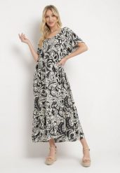 Szaro-Biała Wiskozowa Sukienka z Krótkim Rękawem i Falbanką Cindabella. Szare sukienki damskie Born2be, na co dzień, na lato, l, bez wzorów, z wiskozy, eleganckie, bez kołnierzyka, bez ramiączek, midi, proste. Za 64.99 zł.