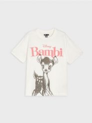Bawełniana koszulka z nadrukiem Bambi - kremowy. Białe t-shirty damskie Sinsay, l, bez wzorów, z bawełny, bez kołnierzyka. Za 39.99 zł.