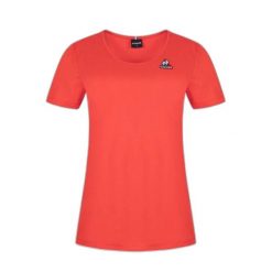 Damska koszulka z krótkim rękawem Le Coq Sportif Saison N°1. Czerwone koszulki sportowe damskie le coq sportif, xs, bez wzorów, bez kołnierzyka, bez ramiączek, na fitness i siłownię. W wyprzedaży za 85.90 zł.