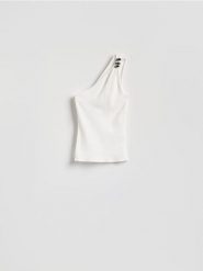 Bluzka na jedno ramię - złamana biel. Bluzki damskie Reserved, l, bez wzorów, z bawełny, bez kołnierzyka, bez ramiączek. Za 79.99 zł.