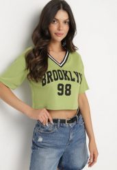 Zielony Bawełniany T-shirt z Napisem Nitanelia. Zielone bluzki damskie Born2be, m, bez wzorów, z bawełny, bez kołnierzyka. Za 29.99 zł.