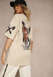 Ciemnobeżowa Koszulka Oversize z Bawełny Zdobiona Nadrukiem Nilravia. Brązowe bluzki damskie Renee, m, z aplikacjami, z bawełny, eleganckie, bez kołnierzyka. Za 39.99 zł.