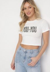 Biały Bawełniany T-shirt z Napisem i Łańcuchem Olimelia. Białe bluzki damskie Born2be, m, bez wzorów, z bawełny, bez kołnierzyka, bez ramiączek. Za 39.99 zł.