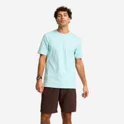 Koszulka z krótkim rękawem męska Domyos Gym & Pilates. Niebieskie koszulki sportowe męskie DOMYOS, l, bez wzorów, z bawełny, bez kołnierzyka, bez ramiączek, na fitness i siłownię. Za 39.99 zł.