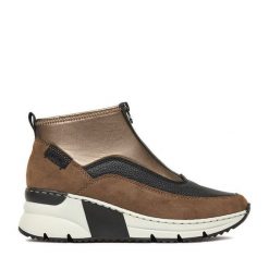 Botki Rieker. Brązowe botki damskie Rieker, bez obcasa, na koturnie, bez zapięcia. Za 329.99 zł.