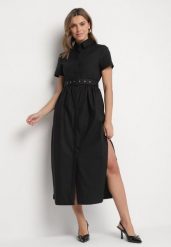 Czarna Rozkloszowana Sukienka Koszulowa z Bawełny Ozdobiona Paskiem Harilea. Czarne sukienki damskie Born2be, na co dzień, na lato, m, bez wzorów, z bawełny, eleganckie, bez kołnierzyka, bez ramiączek, maxi, koszulowe. Za 129.99 zł.