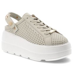 Klapki damskie S.Barski, ze skóry naturalnej licowej ażurowa cholewka platforma sznurowane styl casual, beżowe, LR61-7088. Brązowe klapki damskie S.BARSKI, w ażurowe wzory, ze skóry, bez obcasa, na platformie, bez zapięcia. Za 229.00 zł.