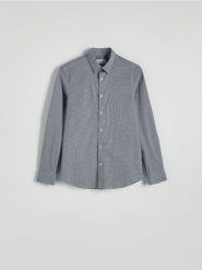 Koszula slim fit w drobną kratkę - granatowy. Niebieskie koszule męskie Reserved, l, bez wzorów, z bawełny, bez kołnierzyka, bez ramiączek. W wyprzedaży za 79.99 zł.