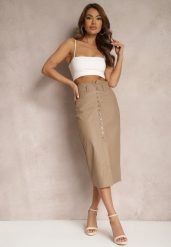 Ciemnobeżowa Spódnica z Ekoskóry High Waist z Rozcięciem i Napami z Przodu Asttia. Brązowe spódnice damskie Renee, na zimę, s, bez wzorów, z bawełny, z podwyższonym stanem, midi, dopasowane. Za 49.99 zł.