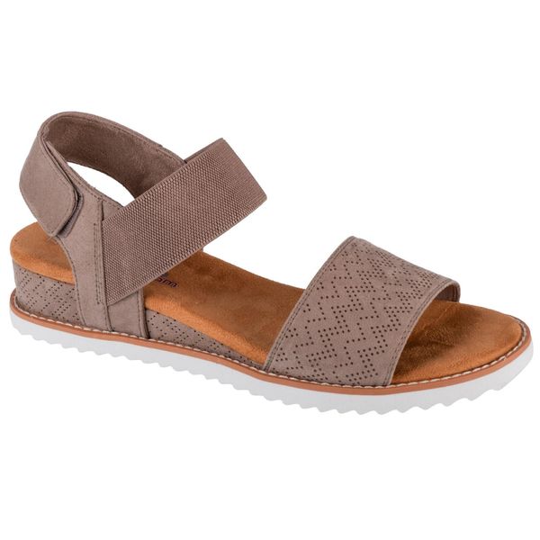 Sandały damskie, Desert Kiss. Brązowe sandały damskie Skechers, bez wzorów, z tkaniny, bez obcasa, bez zapięcia. Za 199.99 zł.