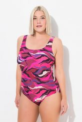 Damskie Kostium kąpielowy z nadrukiem bez miękkich miseczek okrągły dekolt. Fioletowe kostiumy jednoczęściowe damskie Ulla Popken, plus size, bez wzorów, z elastanu, sportowe, plus size, do pływania. Za 159.99 zł.