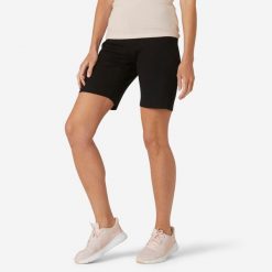 Spodenki fitness damskie Domyos 500. Czarne szorty sportowe damskie DOMYOS, l, bez wzorów, z bawełny, eleganckie, z podwyższonym stanem, na fitness i siłownię. Za 39.99 zł.