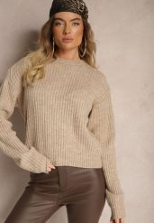 Beżowy Prążkowany Sweter o Klasycznym Pudełkowym Fasonie Omeita. Brązowe swetry damskie Renee, m, bez wzorów, z jeansu, casualowe, bez kołnierzyka, bez ramiączek, długie, bez kaptura. Za 99.99 zł.