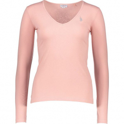 Koszulka w kolorze jasnoróżowym. Czerwone bluzki damskie marki U.S. Polo Assn., z haftami, z długim rękawem. W wyprzedaży za 86.95 zł.