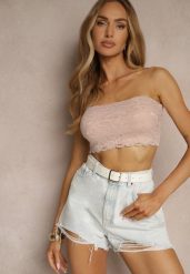 Różowy Koronkowy Top Bandeau o Dopasowanym Kroju Pasiella. Czerwone bluzki damskie Renee, l, bez wzorów, z jeansu, bez kołnierzyka, bez ramiączek. Za 24.99 zł.