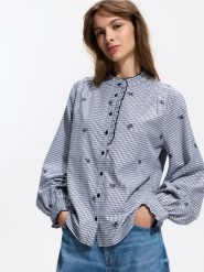 Bluzka w kratę - granatowy. Niebieskie bluzki damskie Reserved, l, bez wzorów, z bawełny, bez kołnierzyka, bez ramiączek. Za 119.99 zł.
