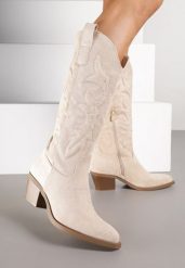 Beżowe Klasyczne Kozaki Kowbojki z Imitacji Zamszu Rilona. Brązowe kozaki damskie Born2be, z jeansu, bez obcasa, na obcasie. Za 179.99 zł.