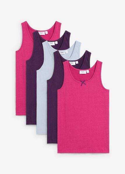 Podkoszulki z miękką bawełną (5 szt.). Fioletowe t-shirty i topy dla dziewczynek bonprix, bez wzorów, z bawełny, bez ramiączek. Za 79.95 zł.