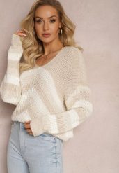 Beżowy Dzianinowy Sweter w Paski Hlenora. Brązowe swetry damskie Renee, z aplikacjami, z dzianiny, casualowe, bez kołnierzyka, bez ramiączek, bez kaptura. Za 69.99 zł.