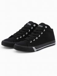 Buty męskie trampki z kontrastującymi elementami - czarne V2 OM-FOTH-0125 - 45. Czarne trampki męskie Ombre Clothing, bez wzorów, z materiału, sportowe, za kostkę, bez zapięcia. Za 179.99 zł.