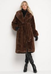 Brązowy Futerkowy Płaszcz z Szerokim Kołnierzem i Mankietami z Wiązanym Paskiem Viaruna. Brązowe płaszcze damskie Born2be, l, bez wzorów, z dzianiny, eleganckie, długie, bez kaptura. Za 259.99 zł.