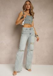 Jasnoniebieskie Jeansy High Waist o Szerokim Kroju z Przetarciami Zeleldi. Niebieskie jeansy damskie Renee, z podwyższonym stanem. Za 119.99 zł.
