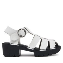 Sandały Fly London. Białe sandały damskie Fly London, bez wzorów, bez obcasa, na słupku, bez zapięcia. Za 249.99 zł.
