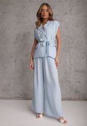 Niebieski Wiskozowy Komplet Garniturowy Spodnie Wide Leg i Kamizelka z Paskiem Elyenryl. Niebieskie spodnie materiałowe damskie Renee, l, bez wzorów, z materiału. Za 199.99 zł.