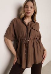 Brązowa Nietoperzowa Koszula Safari z Lnem i Wiskozą ze Ściągaczem w Pasie Mezriss. Brązowe bluzki damskie Born2be, uniwersalny, bez wzorów, z wiskozy, biznesowe, bez kołnierzyka, bez ramiączek. Za 99.99 zł.