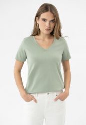 Koszulka z dekoltem w serek T-LEA. Zielone t-shirty damskie Volcano, m, bez wzorów, z bawełny, klasyczne, bez kołnierzyka. Za 59.99 zł.