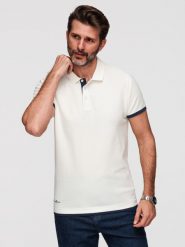 Bawełniana męska koszulka polo z kontrastowym wykończeniem – biała V1 - Rozmiar: L. Białe koszulki polo męskie Ombre Clothing, l, bez wzorów, z bawełny, klasyczne, bez ramiączek. W wyprzedaży za 129.99 zł.