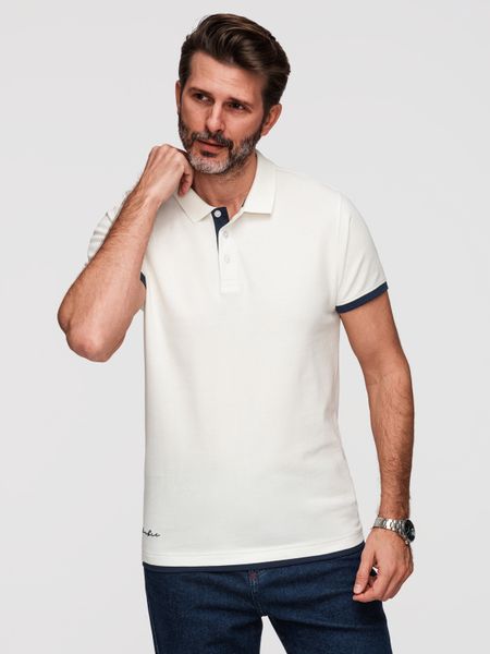 Bawełniana męska koszulka polo z kontrastowym wykończeniem – biała V1 - Rozmiar: L. Białe koszulki polo męskie Ombre Clothing, l, bez wzorów, z bawełny, klasyczne, bez ramiączek. W wyprzedaży za 129.99 zł.
