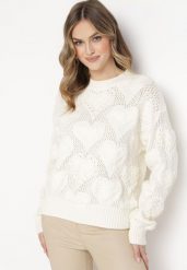 Beżowy Sweter w Serca o Klasycznym Fasonie ze Ściągaczami Biriet. Brązowe swetry damskie Born2be, m, bez wzorów, z bawełny, klasyczne, bez kołnierzyka, bez ramiączek, bez kaptura. Za 89.99 zł.